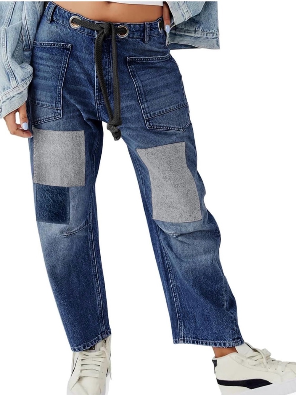 Womens Baggy Barrel Horseshoe Jeans Wide Leg Patchwork Low Rise Denim Pants Sz 6 - Picture 4 of 5